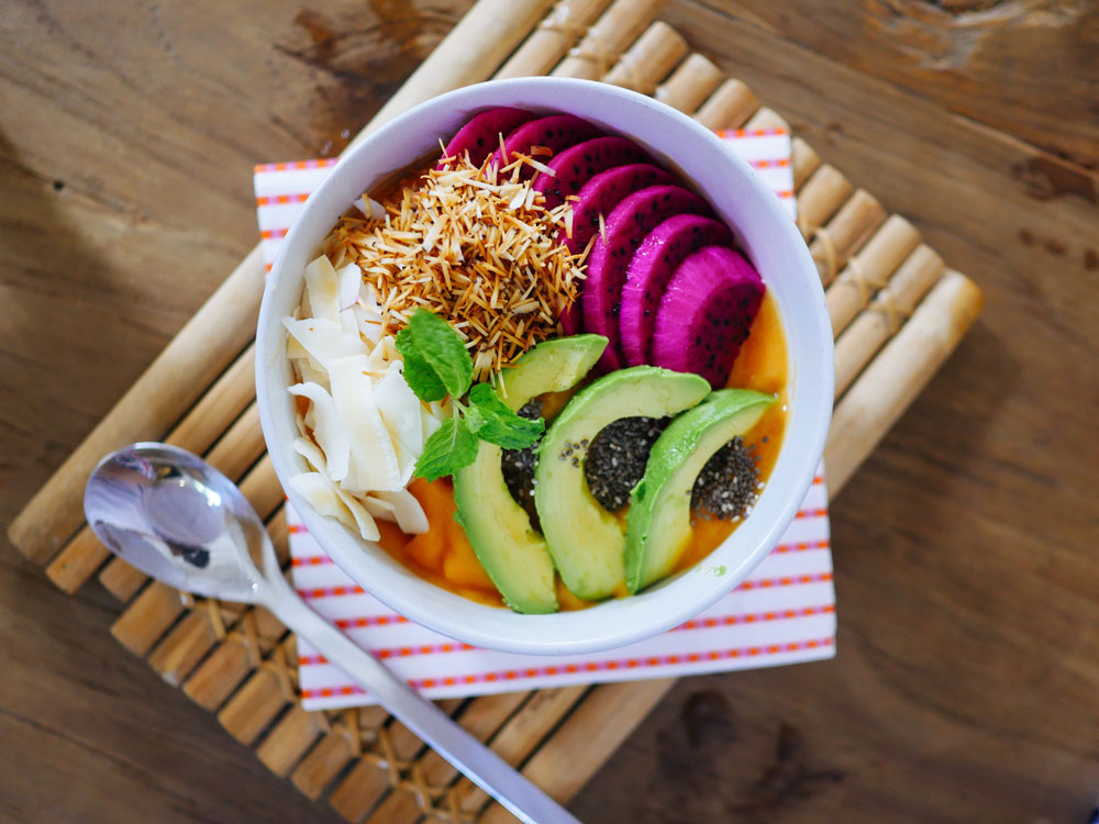 bowl with avocado salad, top view